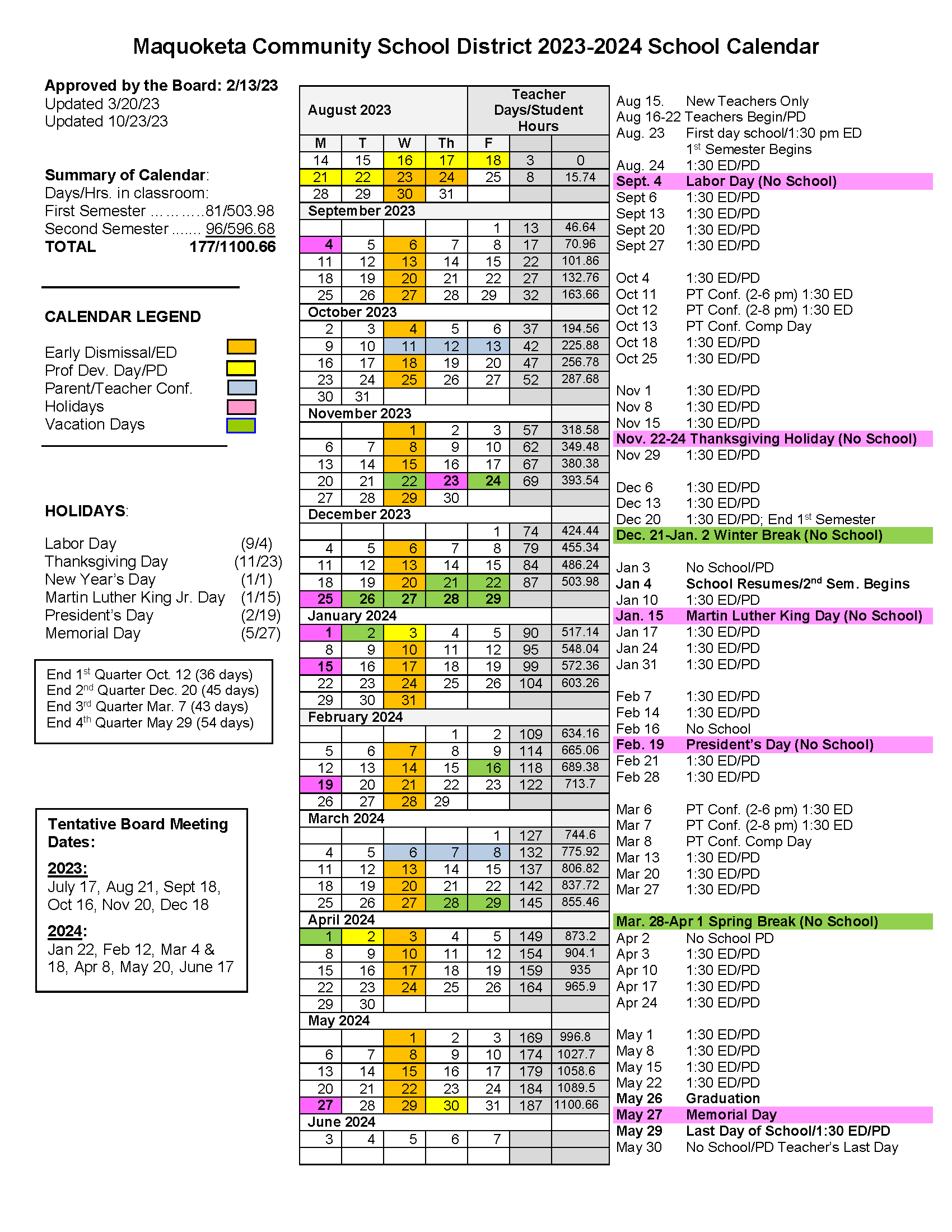 23-24 School Calendar Updated 10-23-23 Graduation
